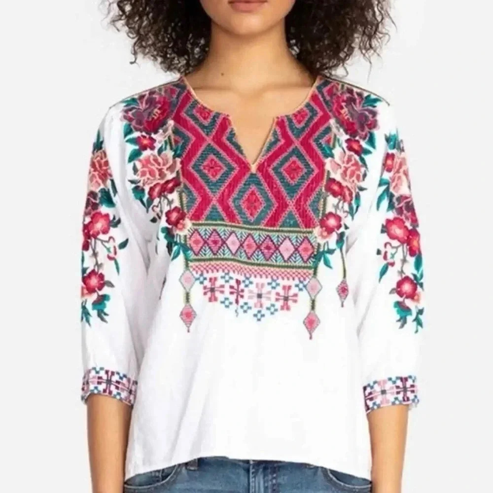 Johnny Was Embroidered Linen Annaliese Boxy Peasant Blouse